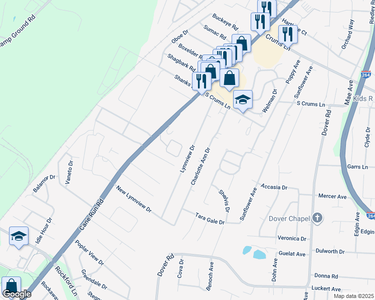 map of restaurants, bars, coffee shops, grocery stores, and more near 4342 Lynnview Drive in Louisville