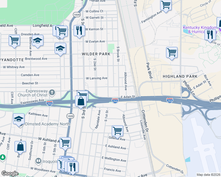 map of restaurants, bars, coffee shops, grocery stores, and more near 100 East Florence Avenue in Louisville