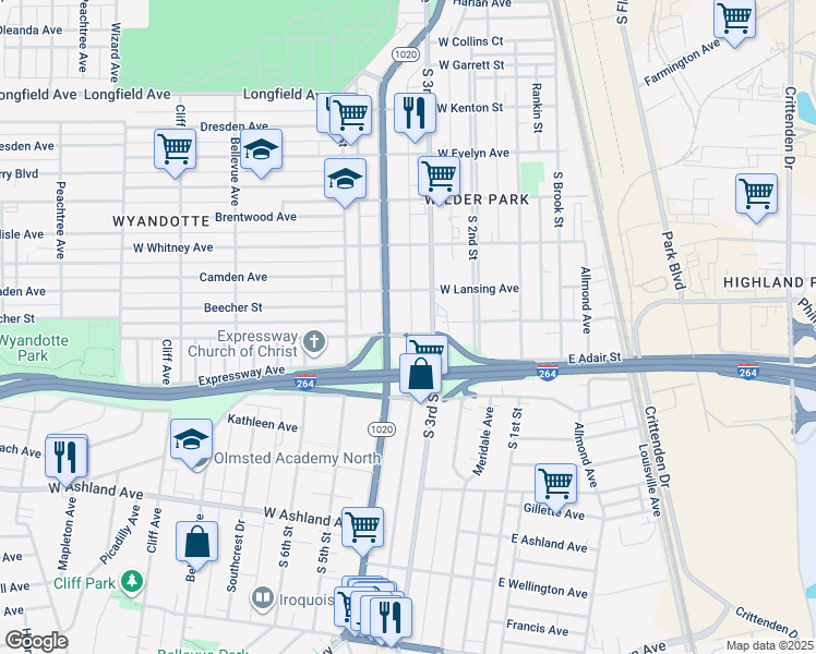 map of restaurants, bars, coffee shops, grocery stores, and more near 4329 Southern Parkway in Louisville