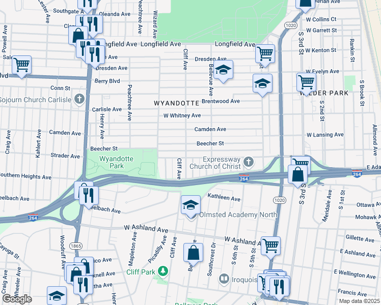 map of restaurants, bars, coffee shops, grocery stores, and more near 827 West Florence Avenue in Louisville