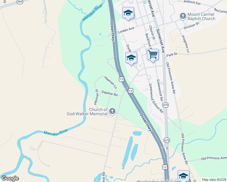 map of restaurants, bars, coffee shops, grocery stores, and more near 11290 Hayman Drive in Princess Anne