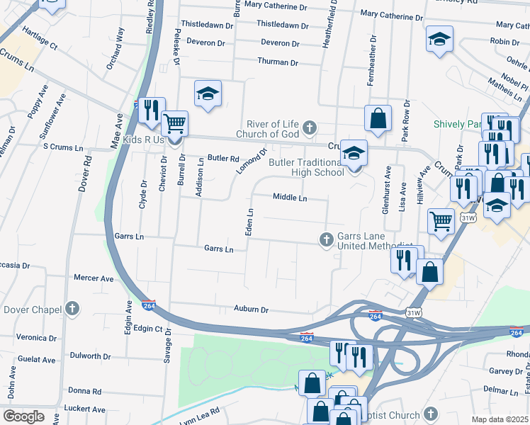 map of restaurants, bars, coffee shops, grocery stores, and more near 2133 West Lane in Louisville