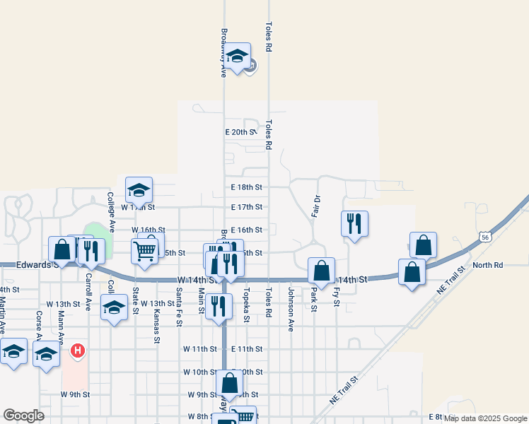map of restaurants, bars, coffee shops, grocery stores, and more near 220 East 17th Street in Larned