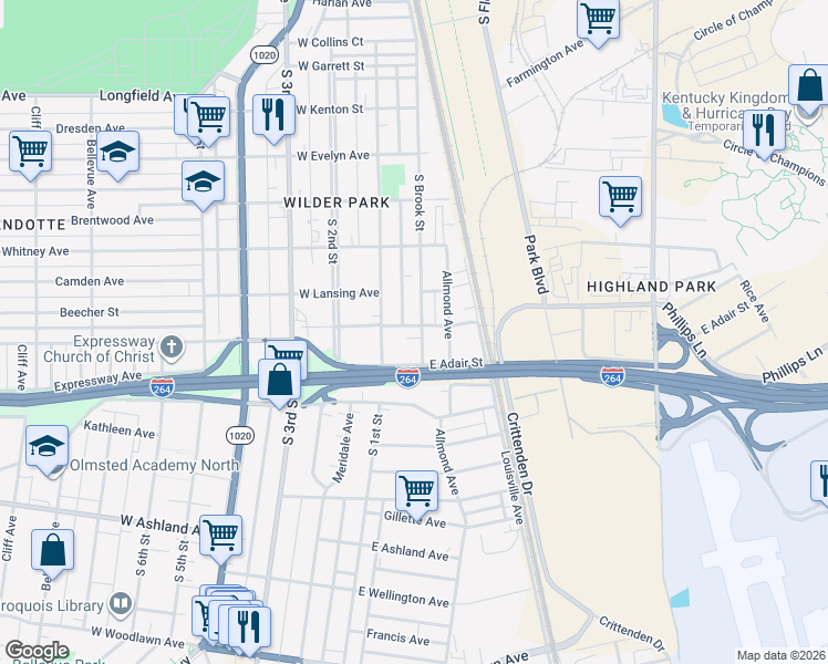 map of restaurants, bars, coffee shops, grocery stores, and more near 4401 South Brook Street in Louisville
