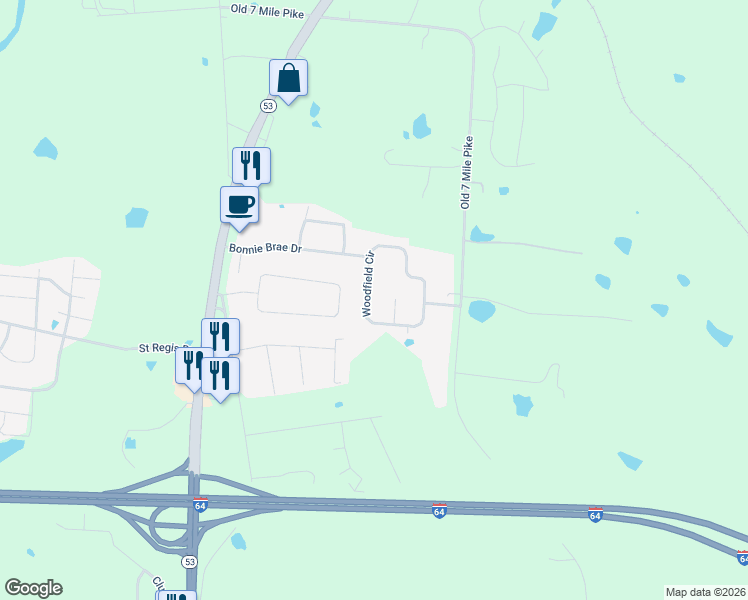 map of restaurants, bars, coffee shops, grocery stores, and more near 222 Woodfield Circle in Shelbyville