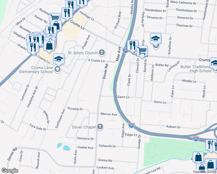 map of restaurants, bars, coffee shops, grocery stores, and more near 4141R Dover Road in Louisville