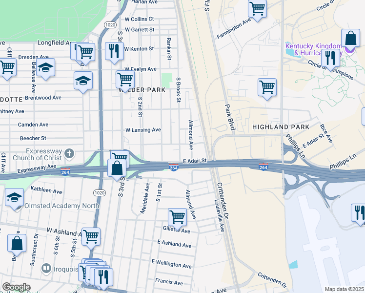 map of restaurants, bars, coffee shops, grocery stores, and more near 4401 South Brook Street in Louisville