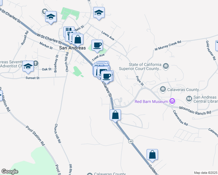 map of restaurants, bars, coffee shops, grocery stores, and more near 401 East Street Charles Street in San Andreas