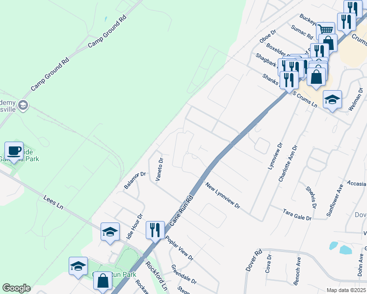 map of restaurants, bars, coffee shops, grocery stores, and more near 3400 Cathe Dykstra Way in Louisville