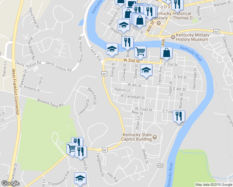 map of restaurants, bars, coffee shops, grocery stores, and more near 406 West Campbell Street in Frankfort