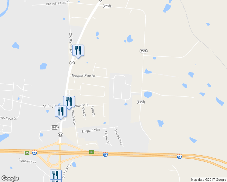 map of restaurants, bars, coffee shops, grocery stores, and more near 222 Woodfield Circle in Shelbyville