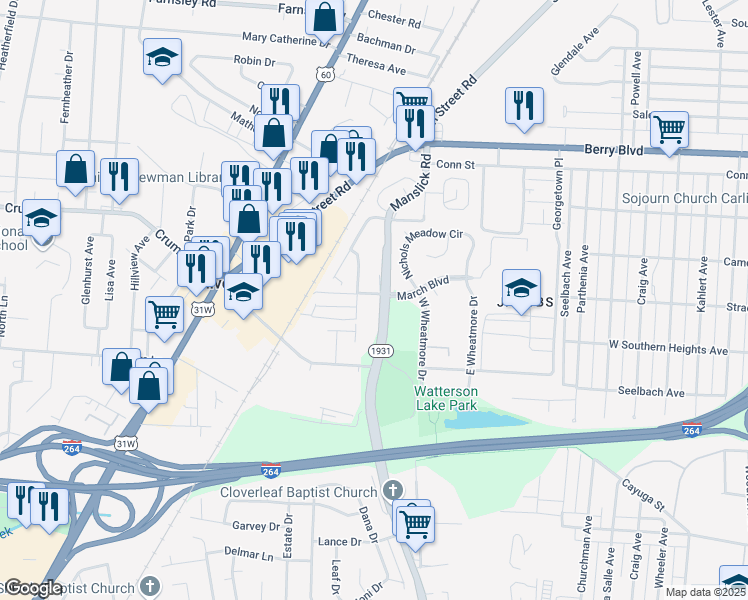 map of restaurants, bars, coffee shops, grocery stores, and more near 3700 Manslick Road in Louisville