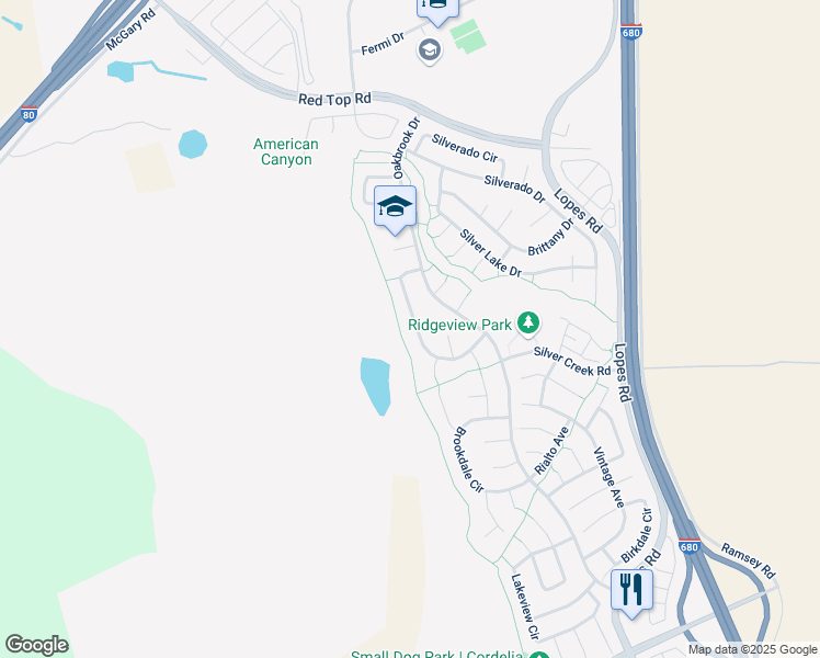 map of restaurants, bars, coffee shops, grocery stores, and more near 5055 Oakbrook Circle in Fairfield