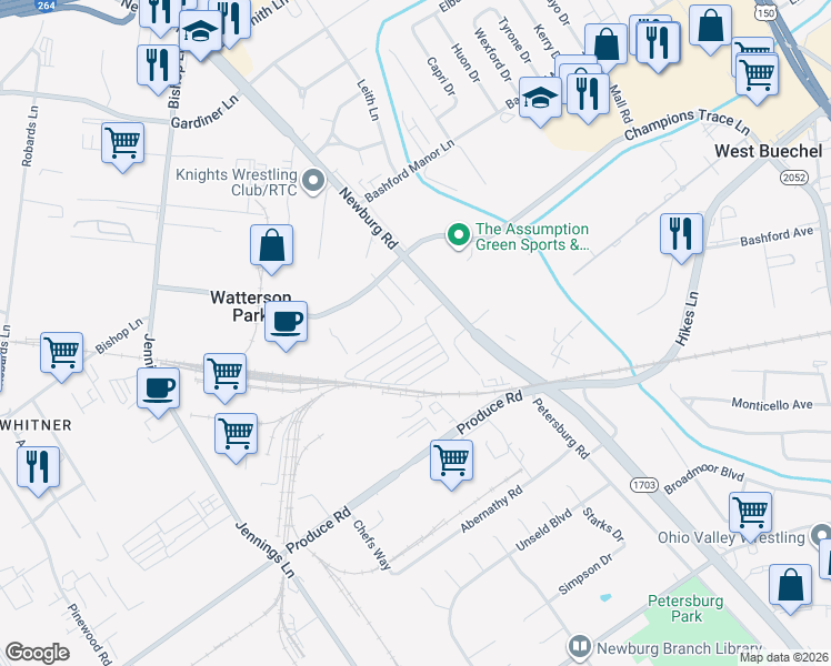 map of restaurants, bars, coffee shops, grocery stores, and more near 3504 Fleetwood Drive in Louisville