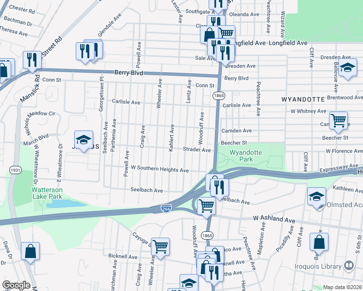 map of restaurants, bars, coffee shops, grocery stores, and more near 3672 Lentz Avenue in Louisville