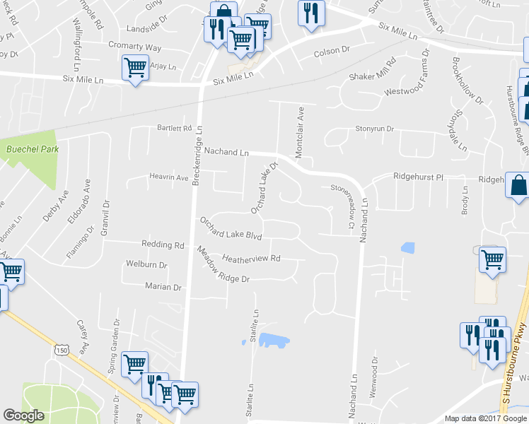 map of restaurants, bars, coffee shops, grocery stores, and more near 4303 Harvest Moon Drive in Louisville