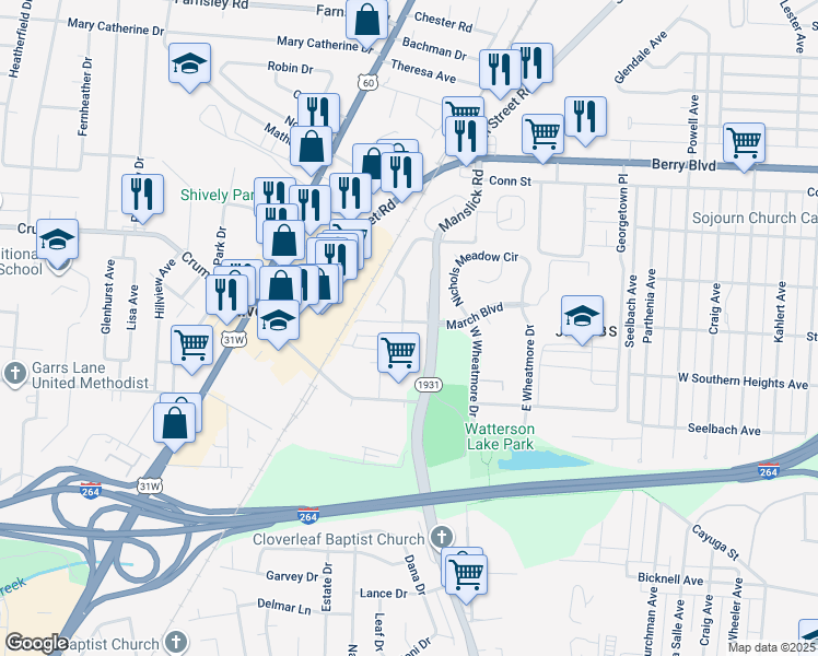 map of restaurants, bars, coffee shops, grocery stores, and more near 3700 Manslick Road in Louisville