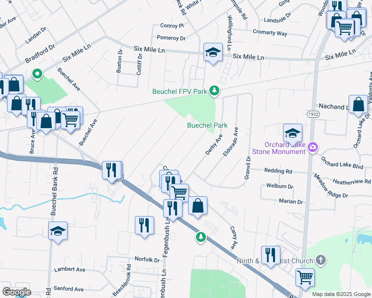 map of restaurants, bars, coffee shops, grocery stores, and more near 220 Bonnie Lane in Louisville