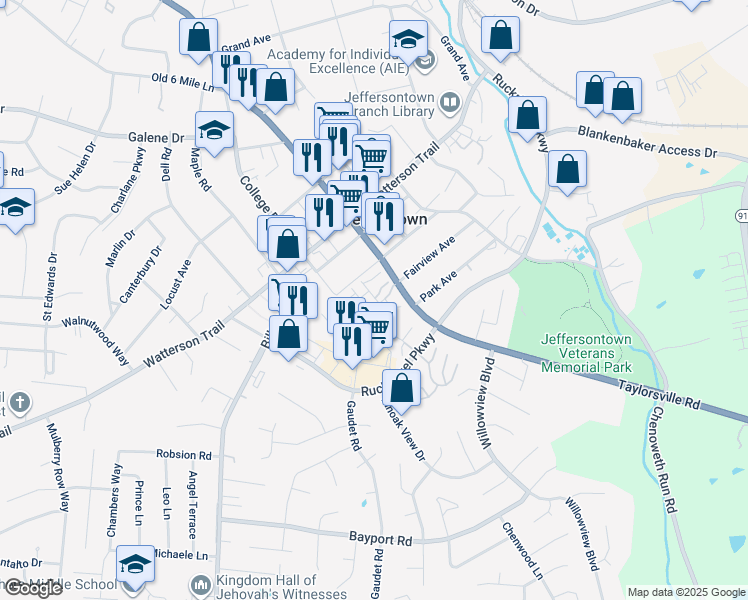 map of restaurants, bars, coffee shops, grocery stores, and more near 10400 Pavilion Way in Jeffersontown