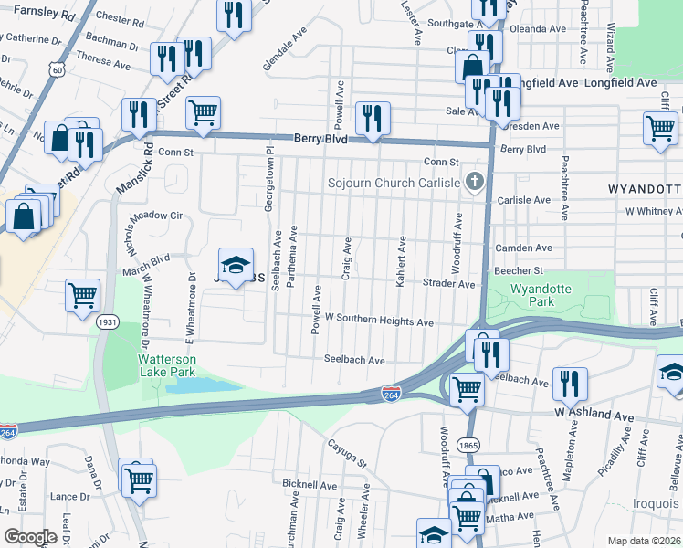 map of restaurants, bars, coffee shops, grocery stores, and more near 3682 Craig Avenue in Louisville