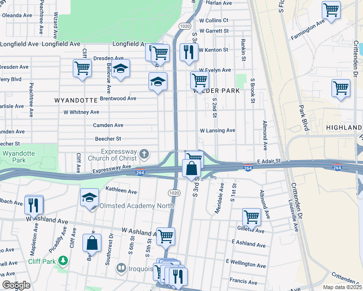map of restaurants, bars, coffee shops, grocery stores, and more near 4323 Southern Parkway in Louisville