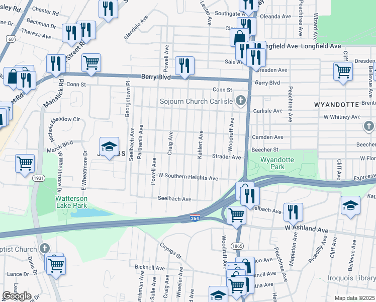 map of restaurants, bars, coffee shops, grocery stores, and more near 3677 Wheeler Avenue in Louisville