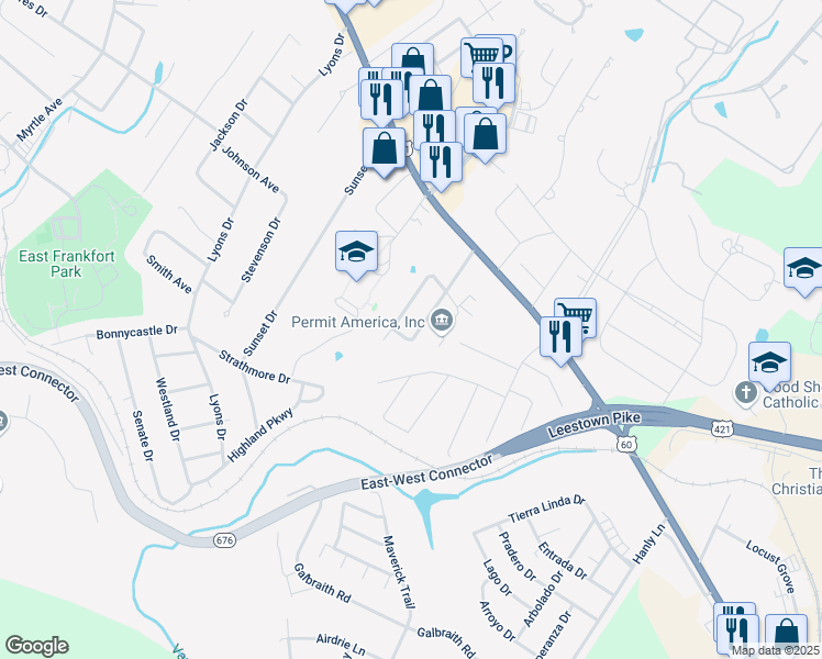 map of restaurants, bars, coffee shops, grocery stores, and more near 222 Pulliam Drive in Frankfort
