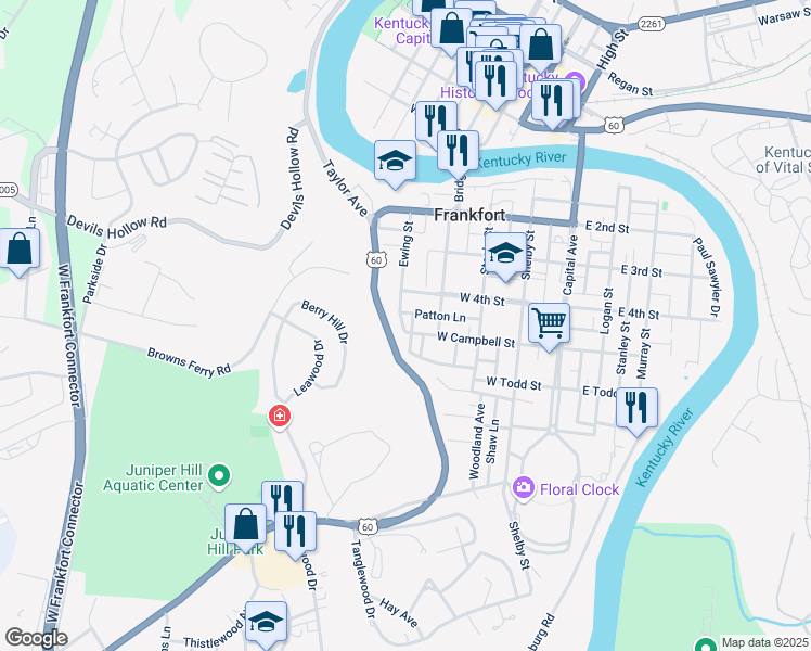 map of restaurants, bars, coffee shops, grocery stores, and more near 406 West Campbell Street in Frankfort