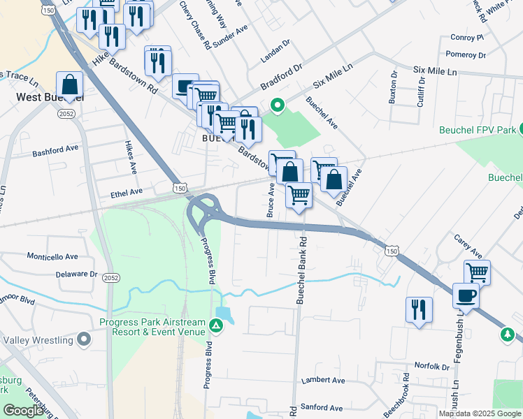 map of restaurants, bars, coffee shops, grocery stores, and more near 2105 Bruce Avenue in Louisville