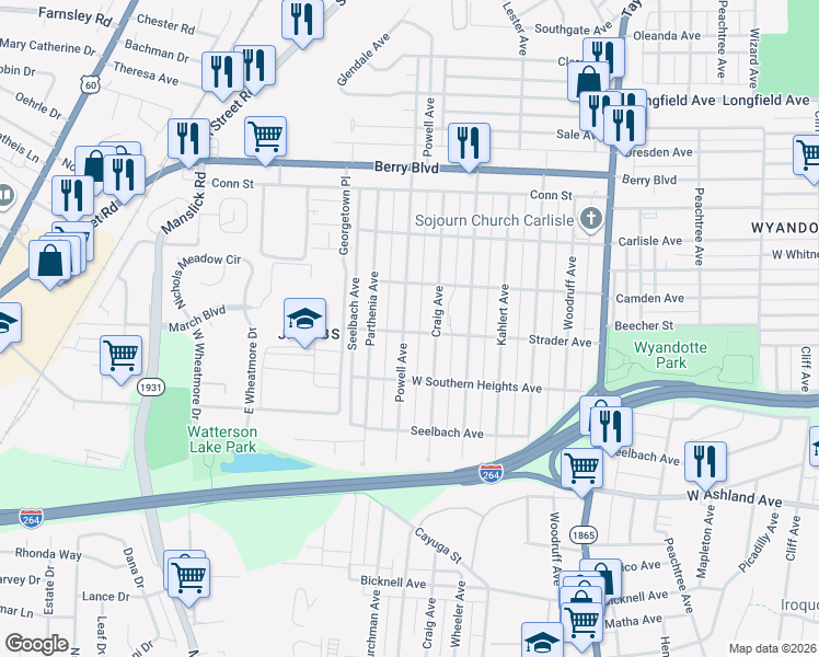 map of restaurants, bars, coffee shops, grocery stores, and more near 3677 Powell Avenue in Louisville
