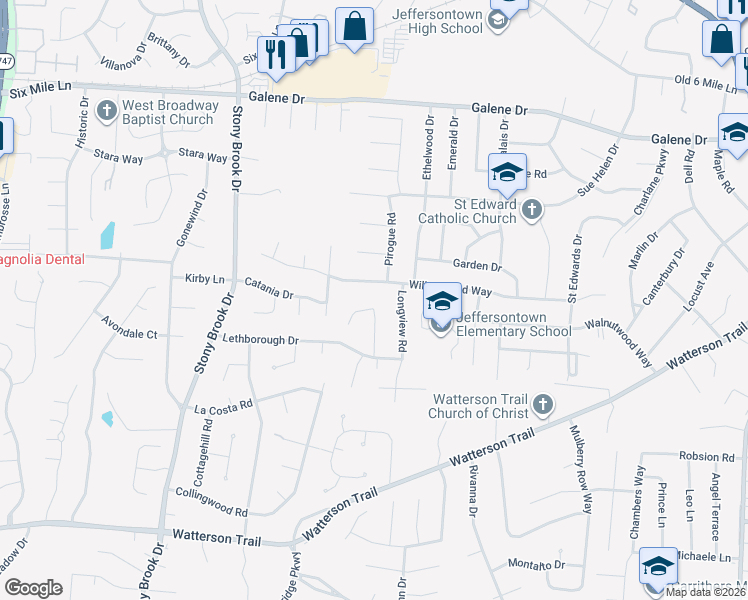 map of restaurants, bars, coffee shops, grocery stores, and more near 3711 Modesto Road in Jeffersontown