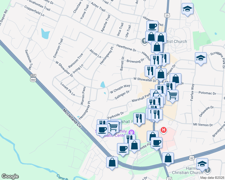 map of restaurants, bars, coffee shops, grocery stores, and more near 130 West Chopin Way in Georgetown