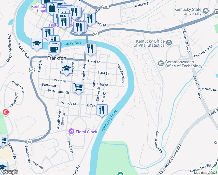 map of restaurants, bars, coffee shops, grocery stores, and more near 410 Murray Street in Frankfort