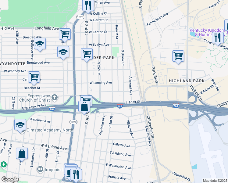 map of restaurants, bars, coffee shops, grocery stores, and more near 100 East Florence Avenue in Louisville