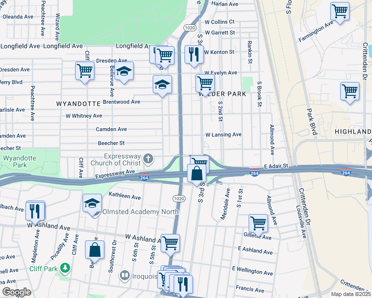 map of restaurants, bars, coffee shops, grocery stores, and more near 4312 Southern Parkway in Louisville