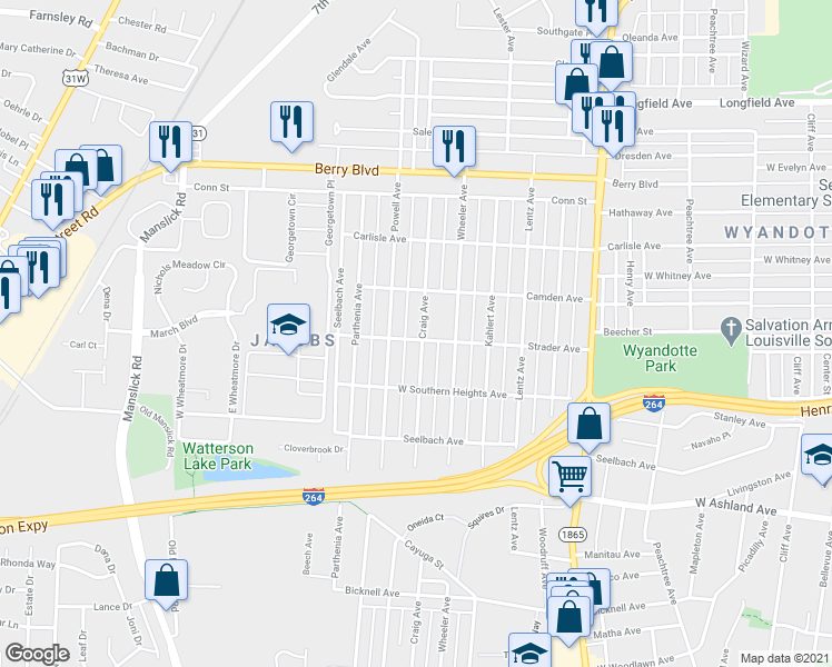 map of restaurants, bars, coffee shops, grocery stores, and more near 3701 Craig Avenue in Louisville