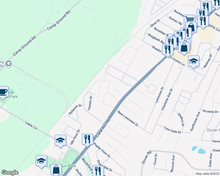 map of restaurants, bars, coffee shops, grocery stores, and more near 3400 Cathe Dykstra Way in Louisville
