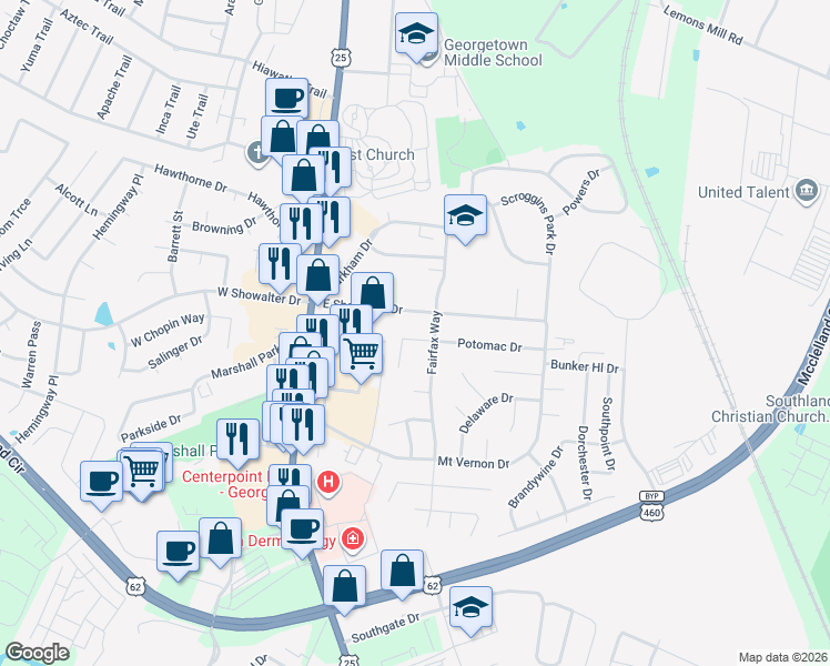 map of restaurants, bars, coffee shops, grocery stores, and more near 105 Potomac Court in Georgetown