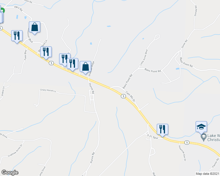 map of restaurants, bars, coffee shops, grocery stores, and more near 11 Bass Point Road in Gravois Mills