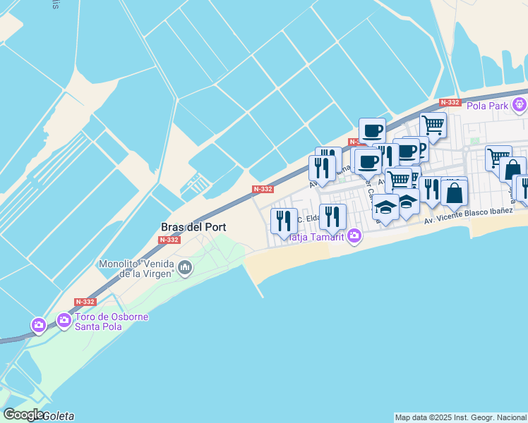 map of restaurants, bars, coffee shops, grocery stores, and more near 228 Calle Elda in Santa Pola