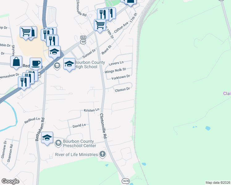 map of restaurants, bars, coffee shops, grocery stores, and more near 260 Clinton Drive in Paris