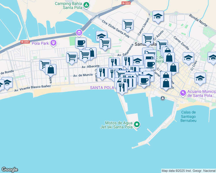 map of restaurants, bars, coffee shops, grocery stores, and more near 20 Avinguda Vicente Blasco Ibañez in Santa Pola