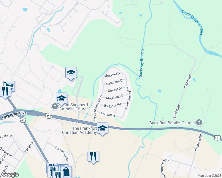 map of restaurants, bars, coffee shops, grocery stores, and more near 406 Goebel Drive in Frankfort