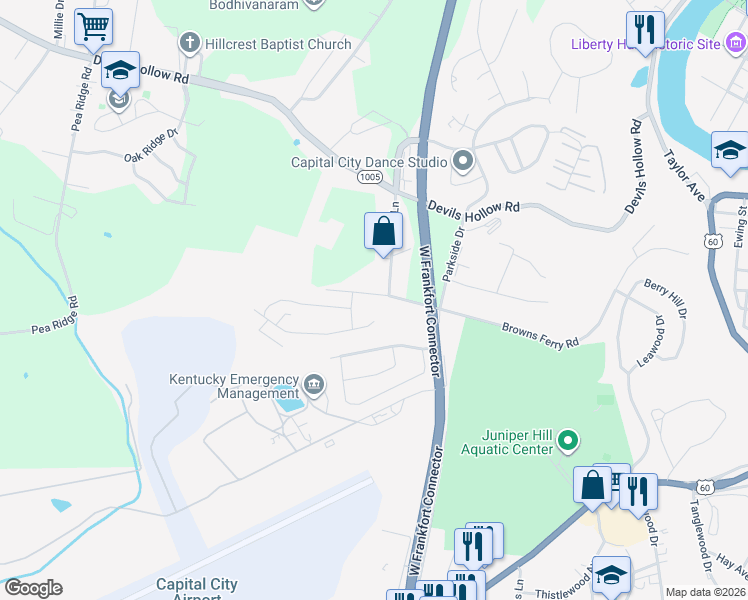 map of restaurants, bars, coffee shops, grocery stores, and more near 1111 Holly Hill Drive in Frankfort