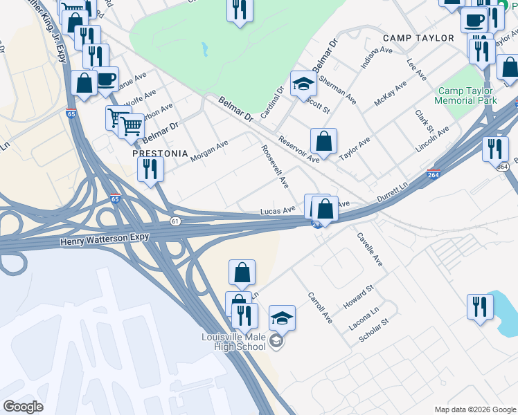 map of restaurants, bars, coffee shops, grocery stores, and more near 1267 Lucas Avenue in Louisville