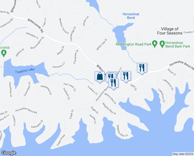 map of restaurants, bars, coffee shops, grocery stores, and more near 49 Ridgecrest Circle in Village of Four Seasons
