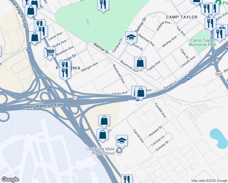 map of restaurants, bars, coffee shops, grocery stores, and more near 1267 Lucas Avenue in Louisville