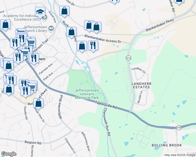 map of restaurants, bars, coffee shops, grocery stores, and more near 3523 Chenoweth Run Road in Louisville