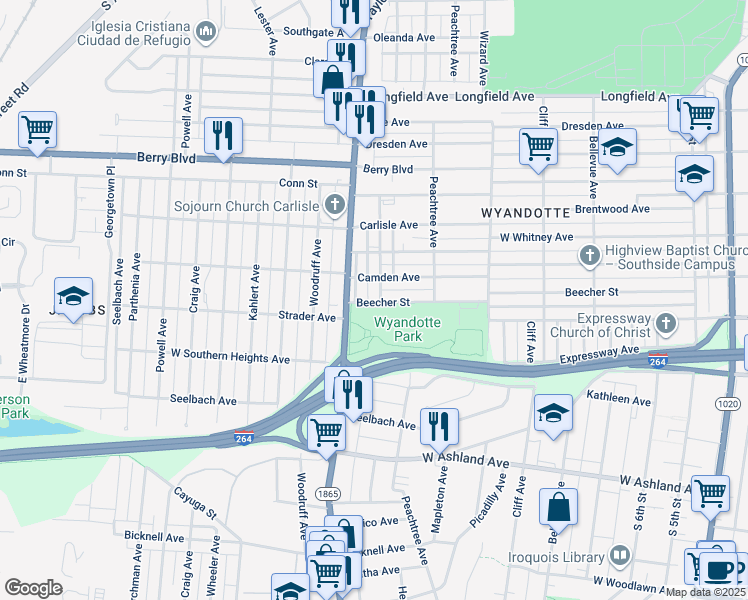map of restaurants, bars, coffee shops, grocery stores, and more near 3654 Henry Avenue in Louisville