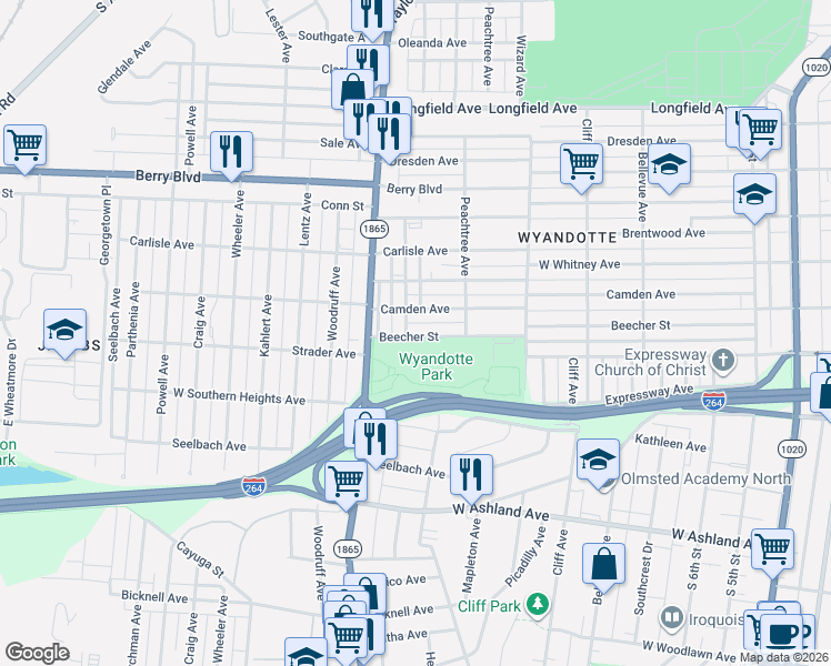 map of restaurants, bars, coffee shops, grocery stores, and more near 3654 Henry Avenue in Louisville